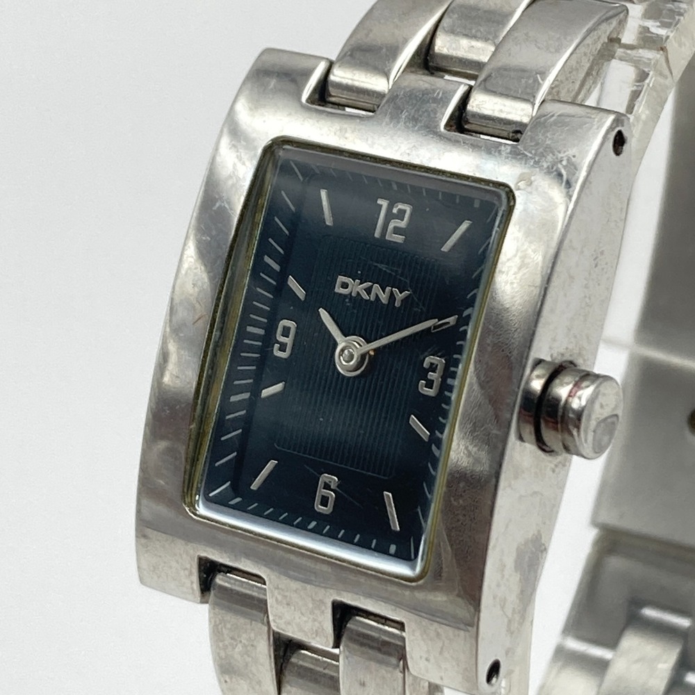 DKNY Womens Tank Watch 20mm Silver Tone Black Pinstripe Dial New Battery 6.25"